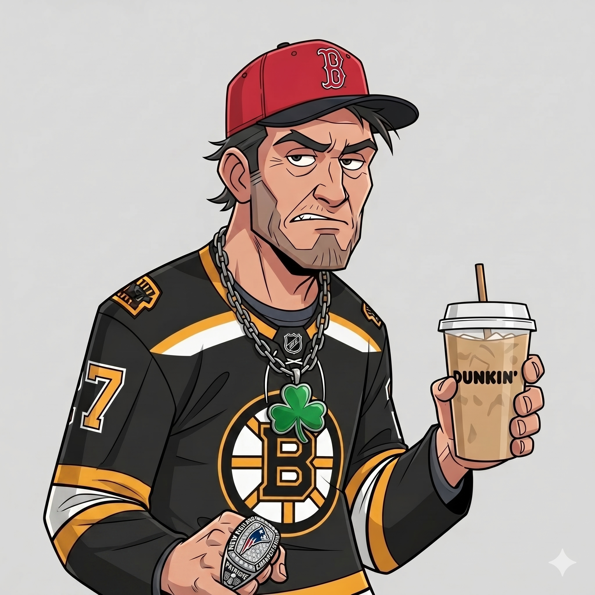 Boston Dan, a Boston sports fan in a Red Sox cap and Bruins jersey holding a Dunkin iced coffee